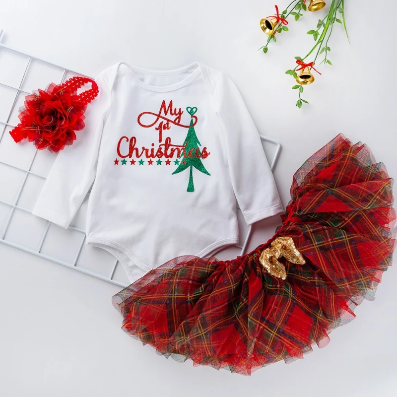 Christmas Baby Clothes Baby Girl Long Sleeved Shirt Checkered Half Skirt Headband Flower Three Piece Set