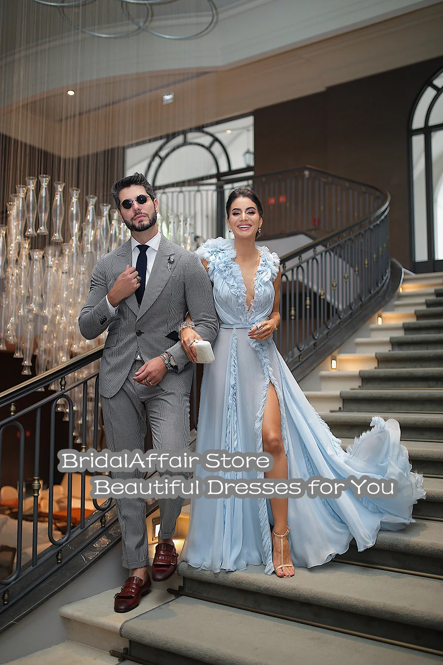 Bridalaffair céu azul vestidos de noite longo 2022 formal vestidos de festa alta qualidade organza aberto volta casamento vestido convidado lado split