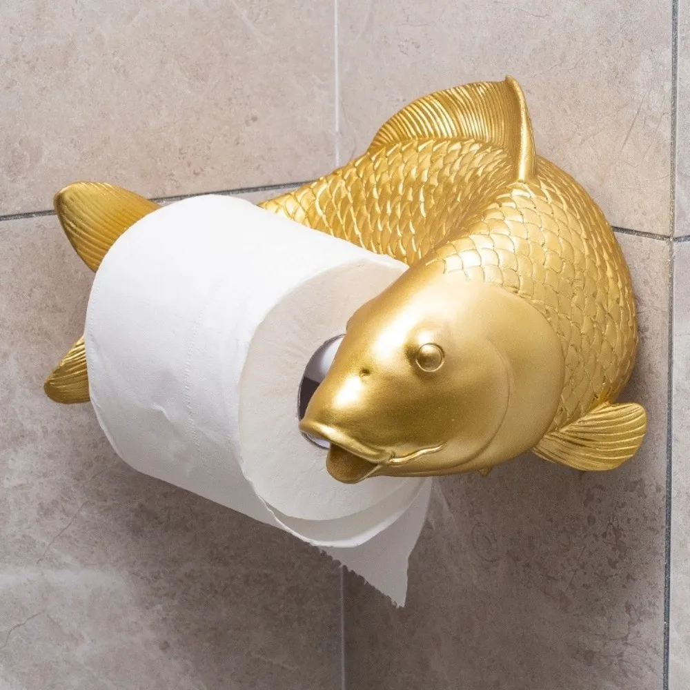 Golden Carp Toilet Paper Roll Holder Wall-Mounted Waterproof Plastic Bathroom Tissue Dispenser Punch-Free Vintage