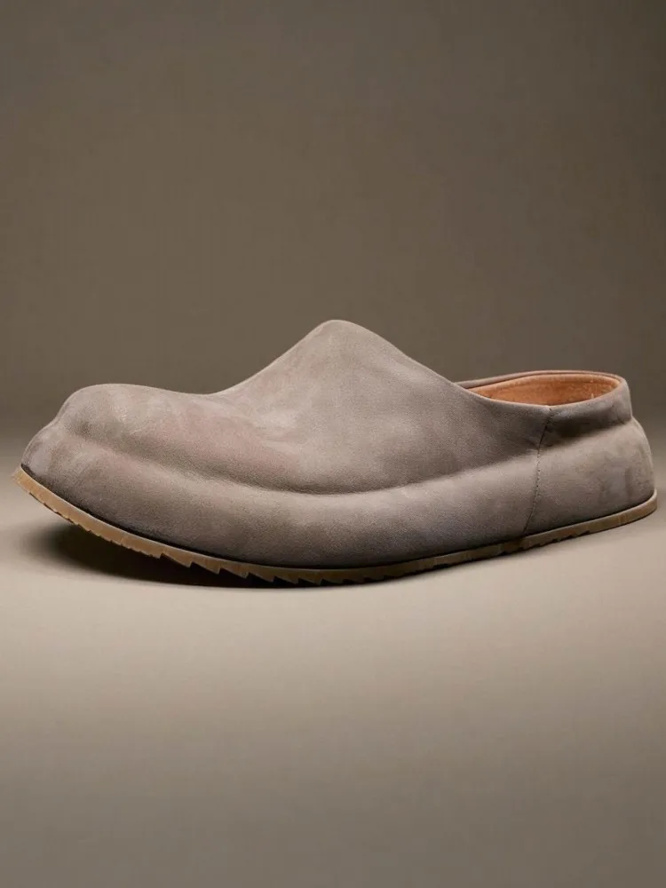 Concise Male Suede Horsehide Platform Height Increase Solid Color Slippers Genuine Leather Round Toe Slip On Leisure Footwear