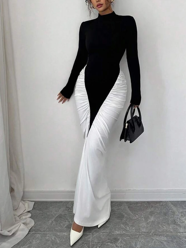 Sisterlinda Ruched Patchwork Dress Women Full Sleeve Color Block Peach Hip Elegant Sexy Simple Evening Stretch Skinny Bodycon