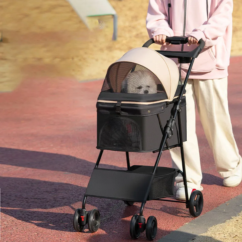 Pet Stroller Foldable Dog Walking Cat Stroller With Storage Basket Collapsible Puppy Jogging Pet Cart For Daily Pet Supplies
