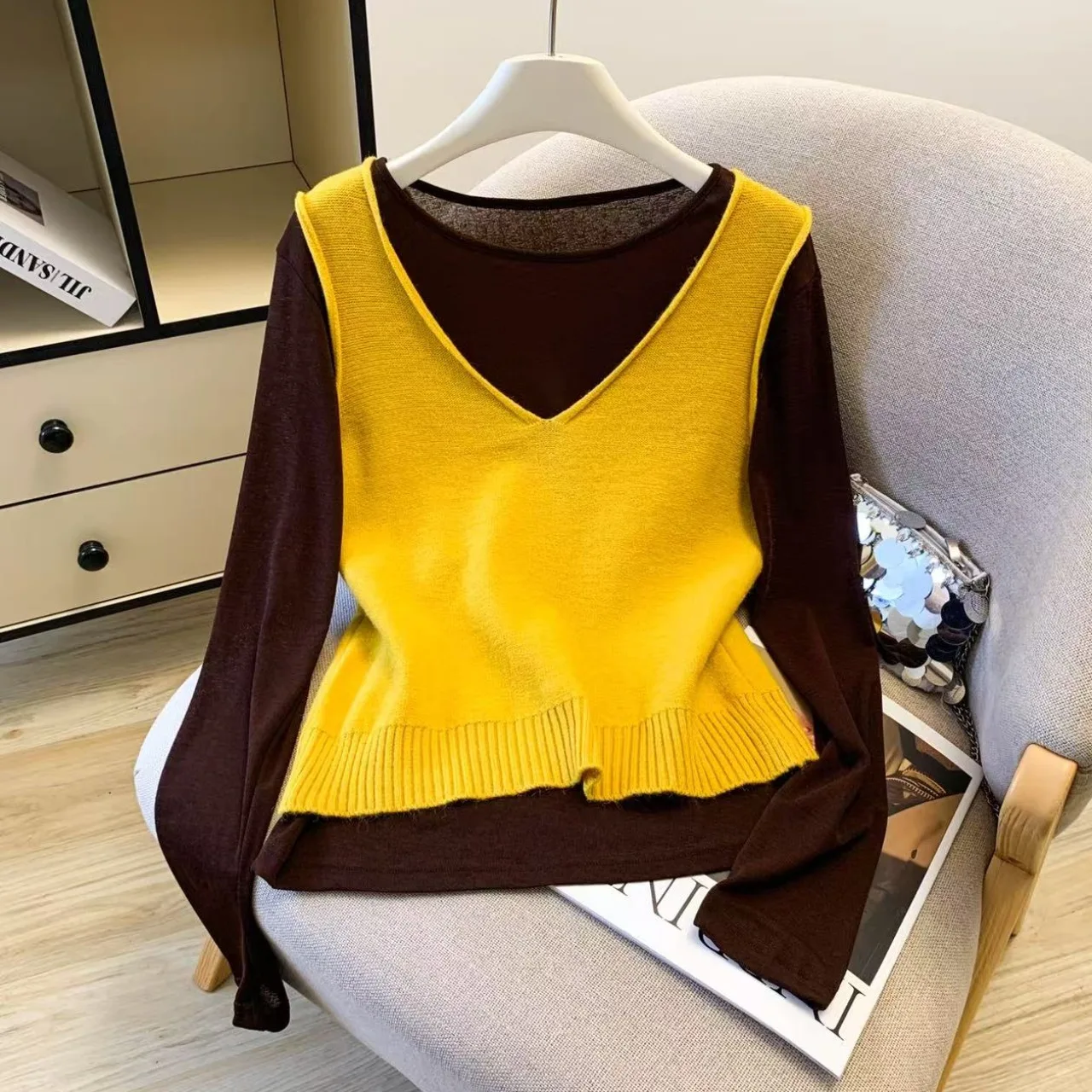 

Цветной многослойный жилет, топ, круглый, женская верхняя одежда, вязаный свитер, комплект из двух предметов, осенний новый простой элегантный комплект