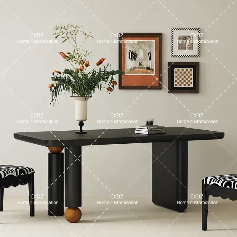 Antique Solid Wood Dining Table Simple Black Rectangular Creative Round Restaurant Furniture