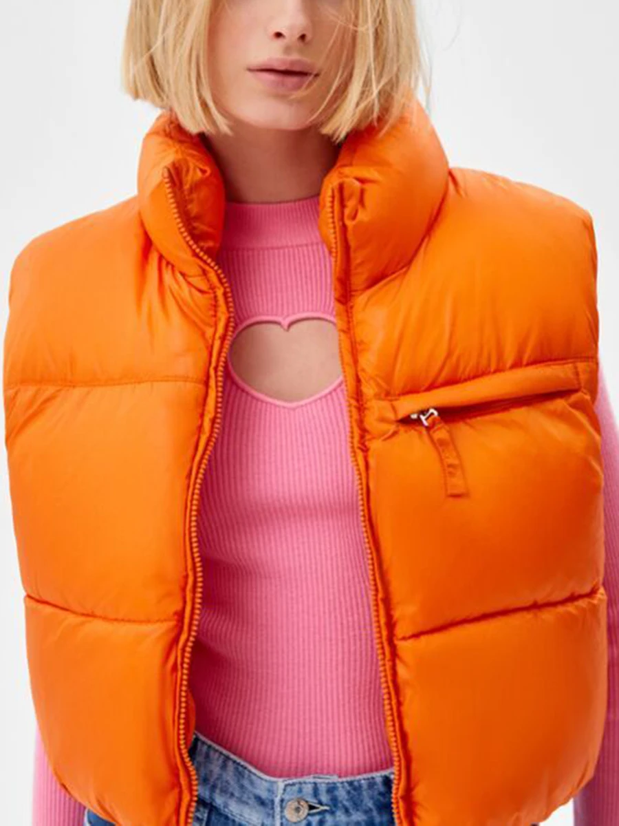 Fashion Women Cropped Puffer Vest Warm Solid Color Lightweight Sleeveless Zipper Down Jacket for Winter Outwear Streetwear