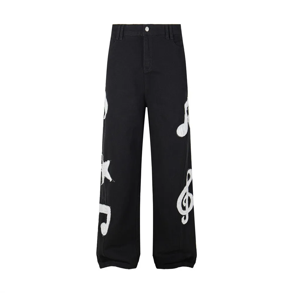 MWJLPWQ Stylish Straight-Leg Denim Pants For Men High-Street Design Star Contrasting Color Design Patchwork Chic Trousers 21422