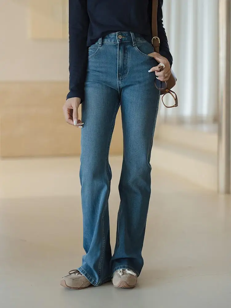 

Джинсы-колокольчики с высокой талией Темно-синие женские универсальные прямые длинные брюки Ретро Slim Fit Осенние повседневные джинсы Faion