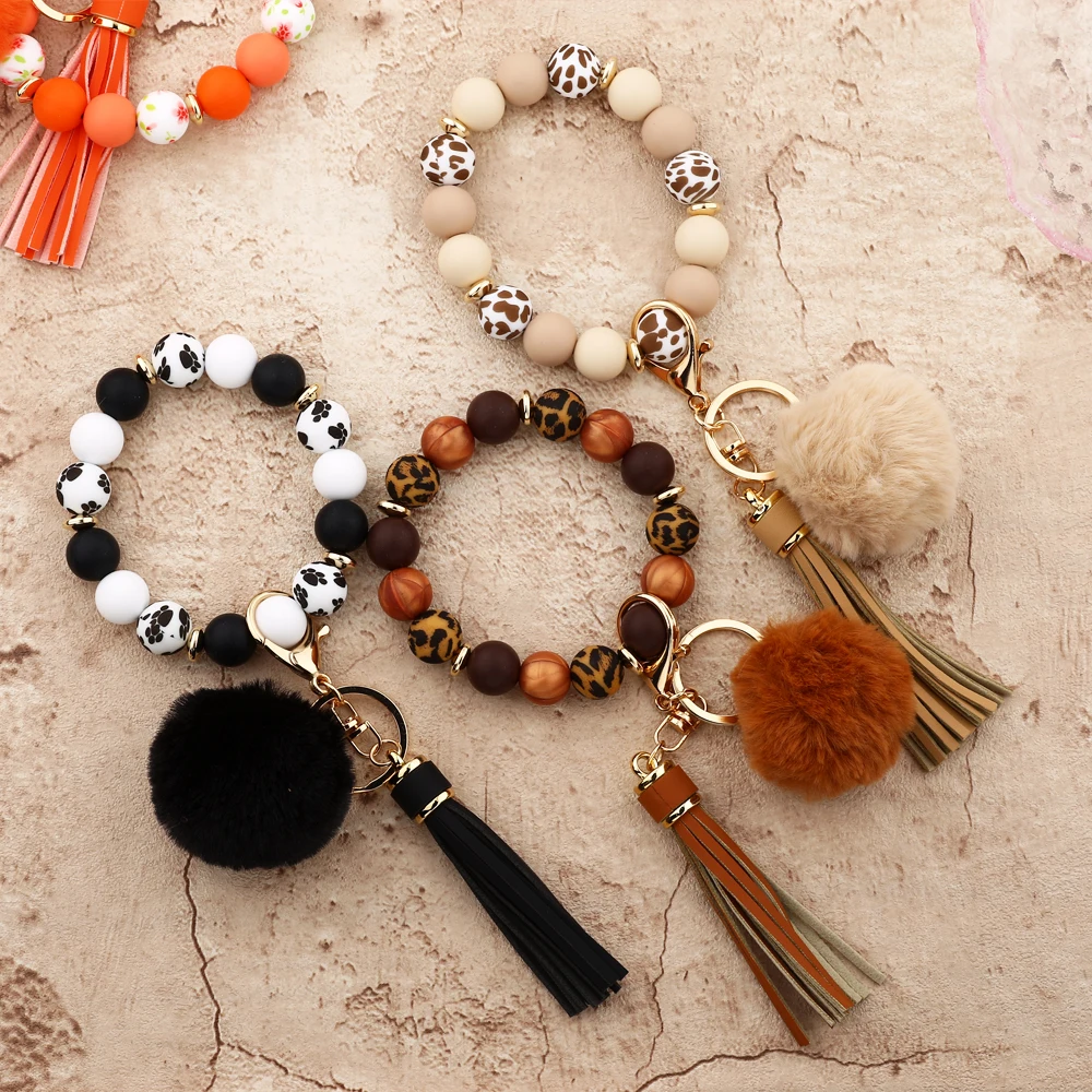 Silicone Beads Elastic Bangle Bracelet Keychain Women\'s bracelet gift  Hairball Silicone Beads Bracelet Wristlet Keychain