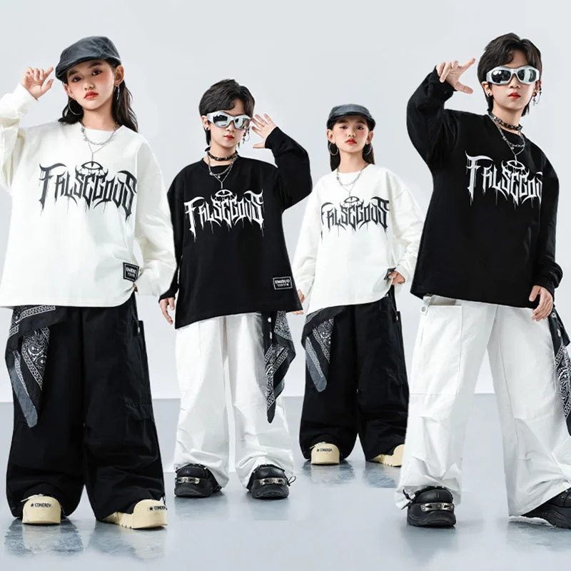 キッズK-POPヒップホップ服、黒白レタースウェットシャツトップス、カジュアルパラシュートカーゴパンツ、女の子男の子ダンスウェアコスチューム服