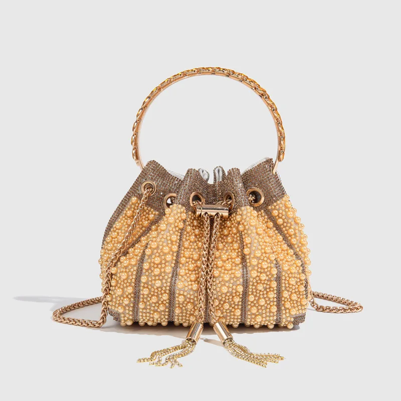 Luxury Designer Glitter Shiny Diamond Pearl Evening Bag Wedding Party Banquet Bag Drawstring Tassel Design Bling Bucket Handbag