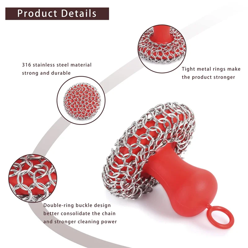 AD30-Cast Iron Chainmail Scrubber + Pan , Stainless Steel Skillet Cleaner, Tool for Cast Iron Pans Red