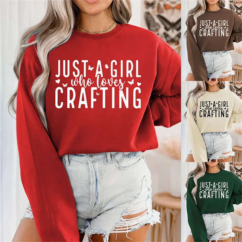 Fashion new autumn and winter women's cotton just a girl who loves crafting letter print loose size vintage round neck hoodie