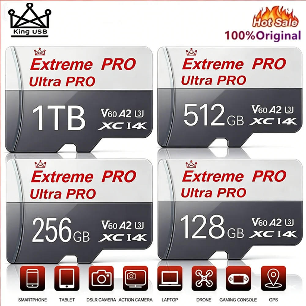 Micro TF SD 64GB 128GB 256GB 512GB SD Card Memory Card UHS-I U3 V30 A2 with Adapter for Security Camera