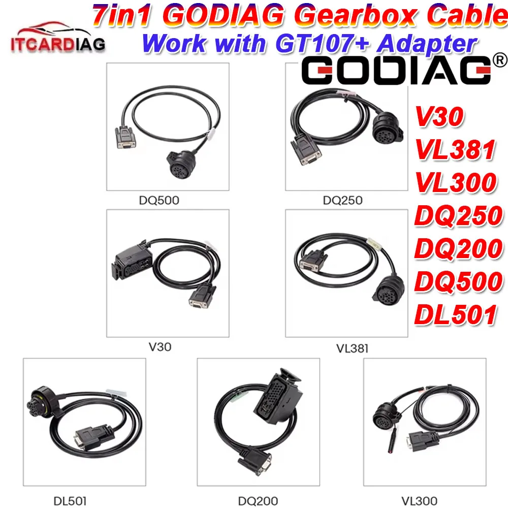 

7-в-1 кабель коробки передач GODIAG DQ250/DQ200/DQ500/DL501/V30/VL381/VL300 работает с адаптером передач GT107+ DSG Plus для BMW/BENZ
