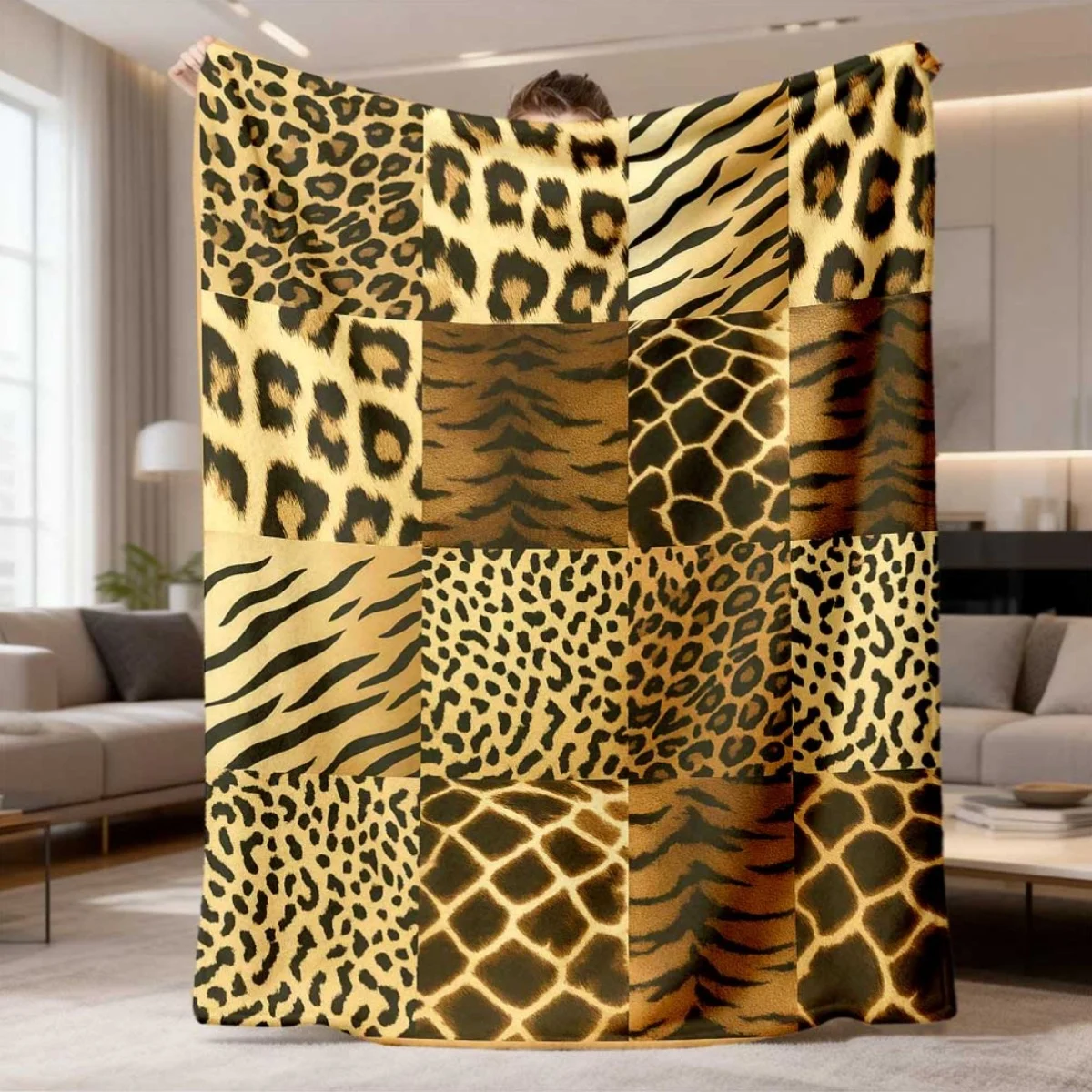 Mixed Wildlife Skin Patchwork Flannel Blanket Soft Comfortable Throw Blanket Leopard Tiger Zebra Giraffe Print Blanket