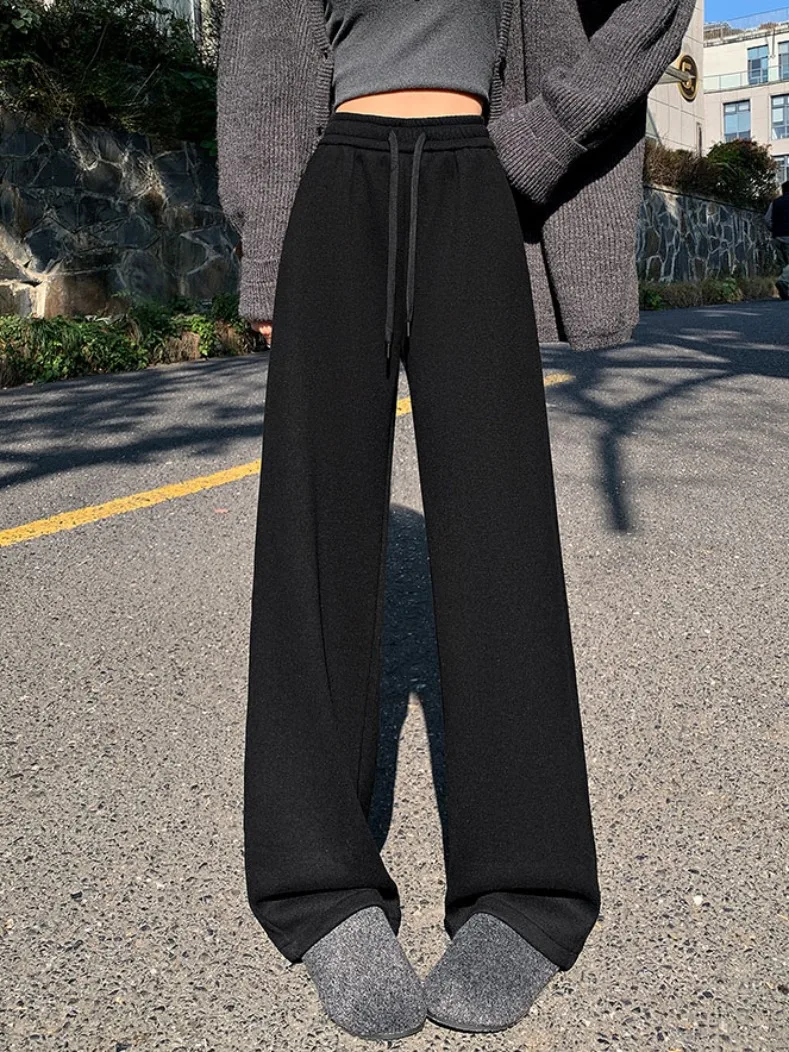 Women's High Waist Wide Leg Pants Winter New Sle Thiened Knitted Fce Lined Drapey Casual Pants Floor Length Trousers