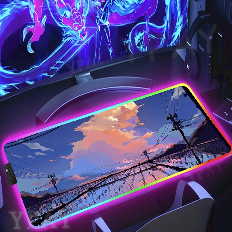 Large LED Desk Mats XXL RGB Computer Mousepad Sunset Landscape 90x40cm Backlight Keyboard Mat Table Pad Gamer Luminous Mousepads
