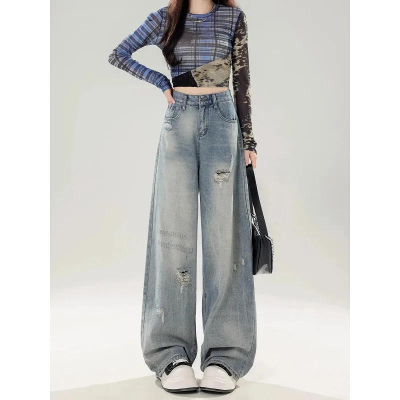 

Женские джинсы с высокой талией, рваные, с широкими штанинами