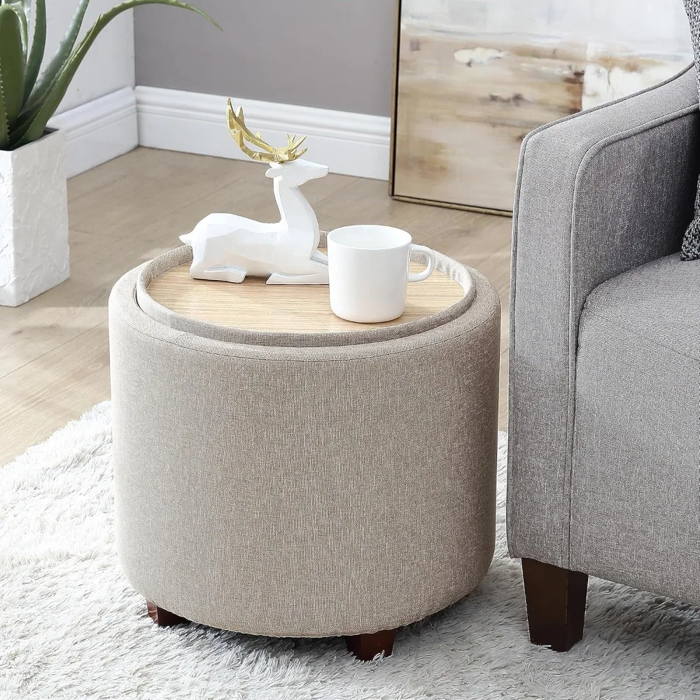 

Lawrence Round Storage Ottoman with Lift Off Lid and Tray Lid Coffee Table, Ottoman with Storage for Living Room