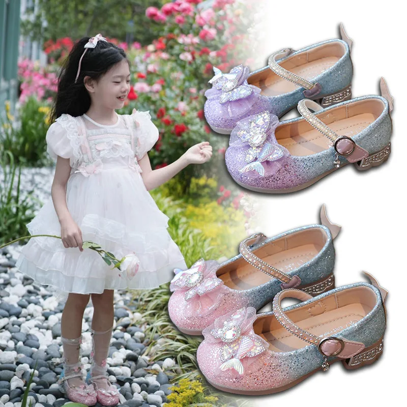 Versatile Fashion Girls' Sneakers, New Season Children's Leather Shoes, Sparkly Princess Crystal Dress Shoes  4009