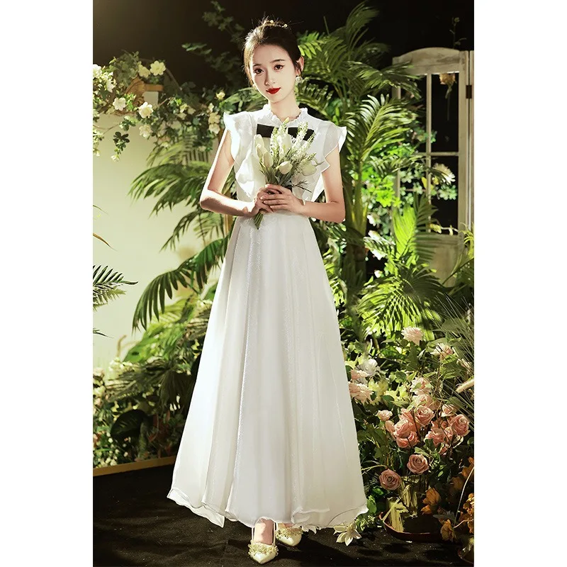 فستان أبيض برقبة دائرية فساتين زفاف حلوة بأكمام جامعية للعروس وحفلات التخرج المسائية وحفلات الضيوف فستان نسائي رسمي #5