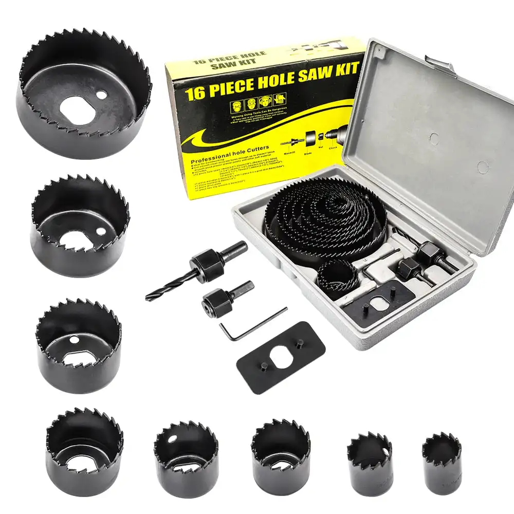 16pc Black Hole Saw Woodworking Gypsum Board Hole Opener 19-64mm Ceiling Hole Punching Tool Set Plastic Box
