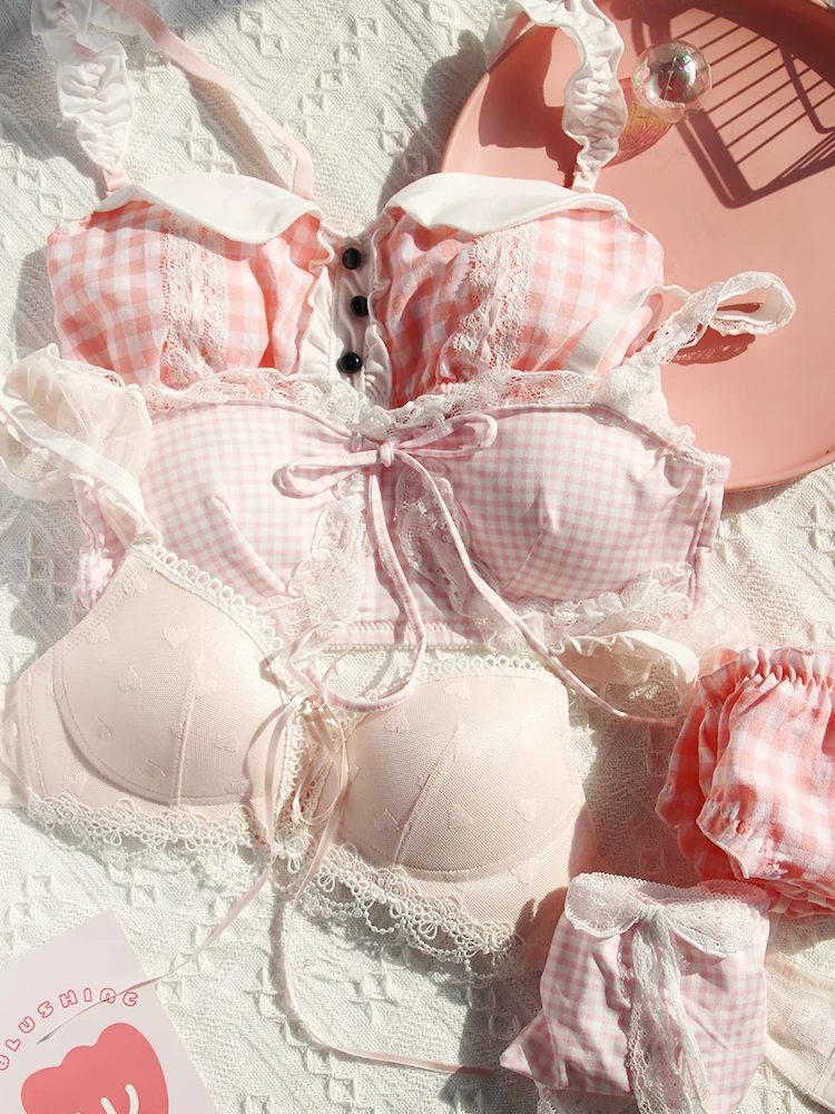 Pink Kawaii Bra Set Lolita Girl Dream Underwear Japanese Cotton Lace Sweet and Cute Tube Top Wire Free Bra and Panties Set