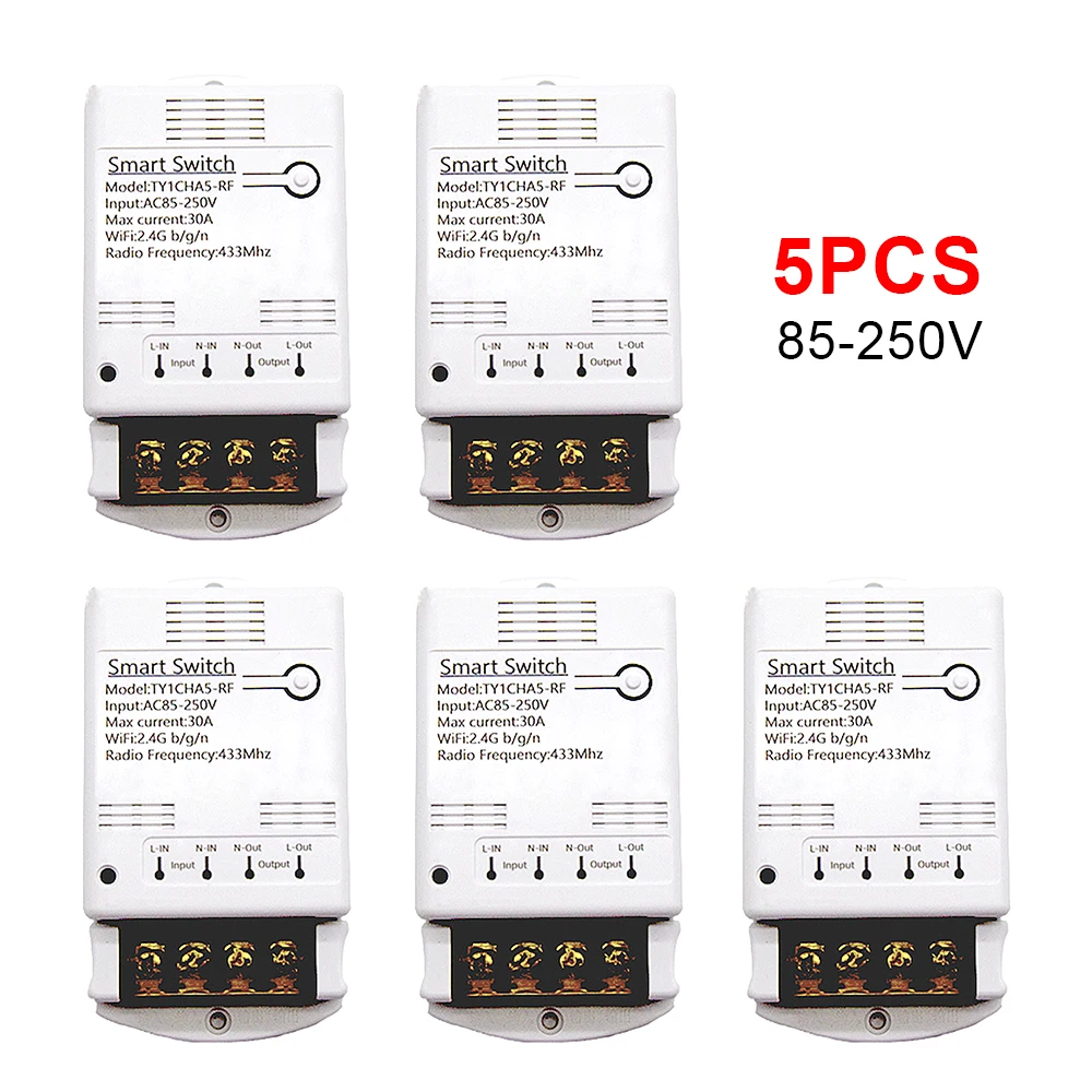 5PCS Tuya 30A 4000W AC/DC 7-32V AC 85-250V Smart Home Automation Receiver 20A Relay Module RF433 Switch Work With Alexa