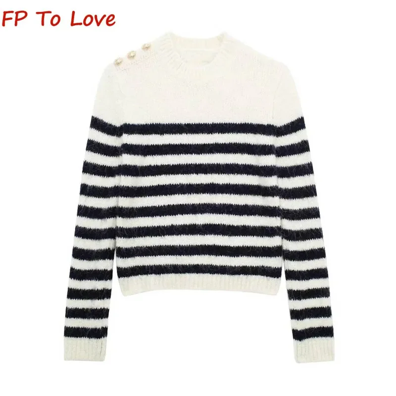 PB&ZA Woman Autumn Winter Street Fashion Ribbed Decoration Black White Striped Knit Sweater Round Neck Top Women 9598014