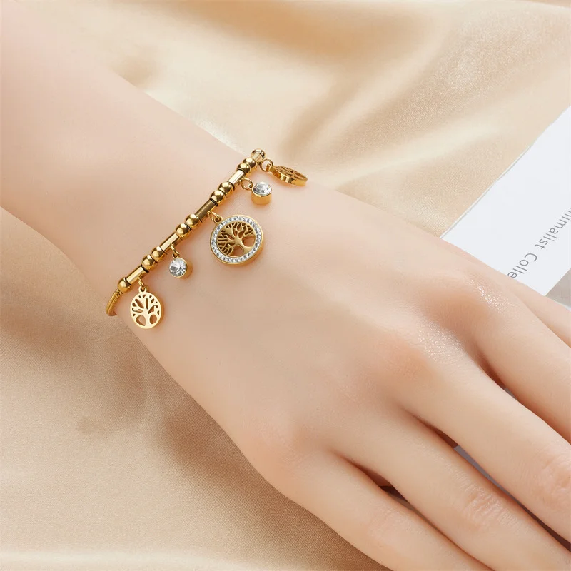 316L Stainless Steel Elegant Gold Color Tree - of - Life Charms Bracelet With Shiny Zircon Stone For Women's Daily Wear image 4