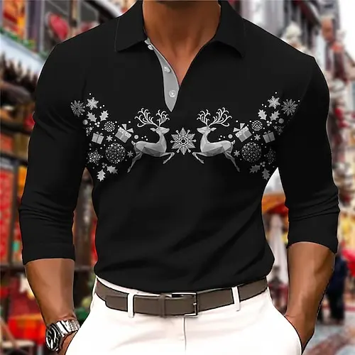 

Christmas Collection Men's Business Lapel Long Sleeved T-Shirt Summer Breathable Button Long Sleeved Polo Shirt MB14