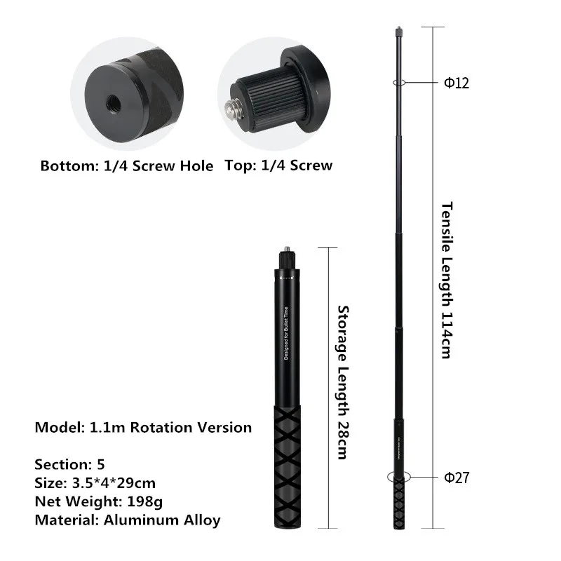 Unsichtbarer Selfie-Stick für GoPro 13 12 11 10 9 8 Insta360 X5 X4 X3 X2 1/4 Zoll verlängerter Einbeinstativstange für Sportkamera-Zubehör