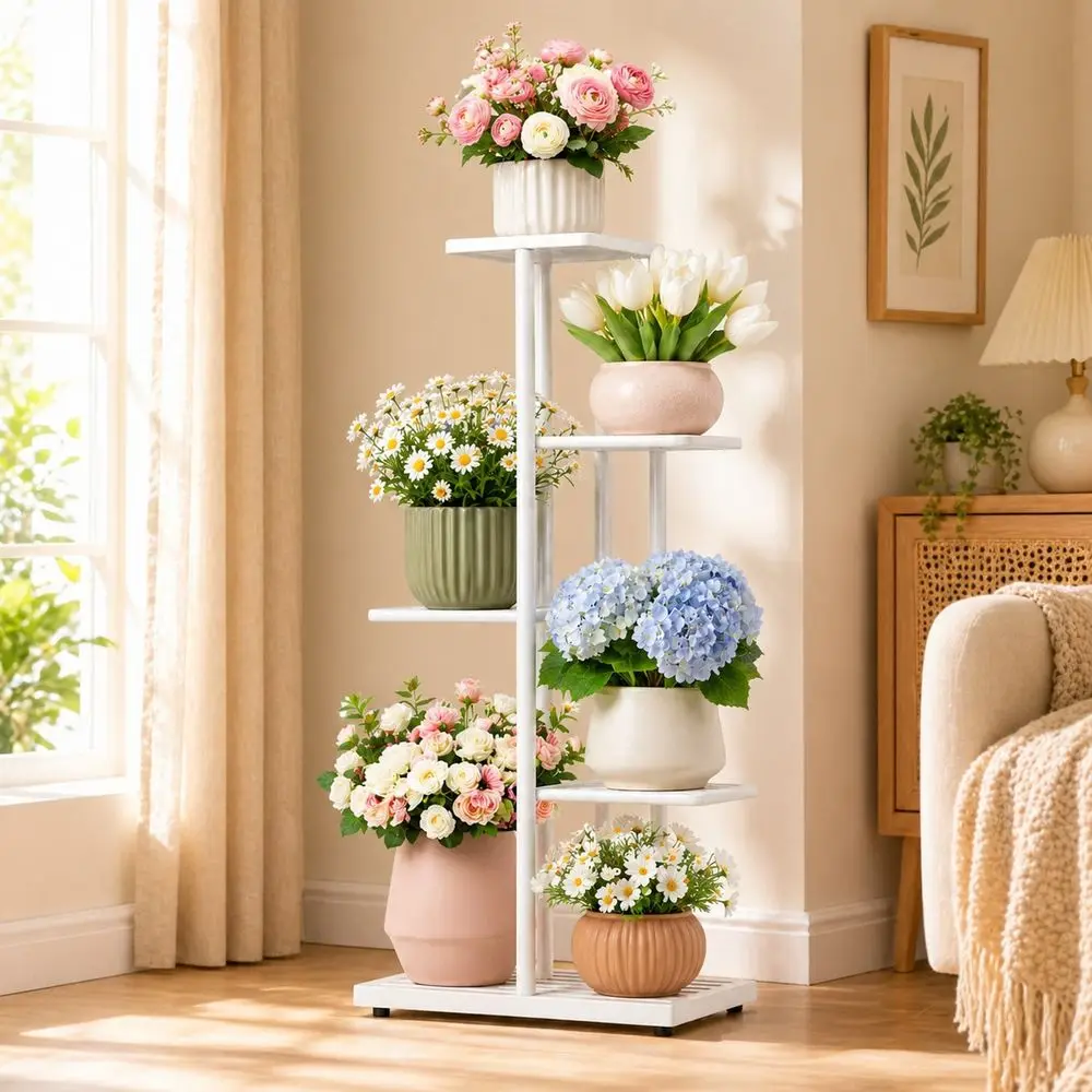 

5 Tier Indoor Outdoor White Metal Flower Stand Plant Shelf Multi Layer Flower Pot Rack For Balcony Living Room Garden Courtyard