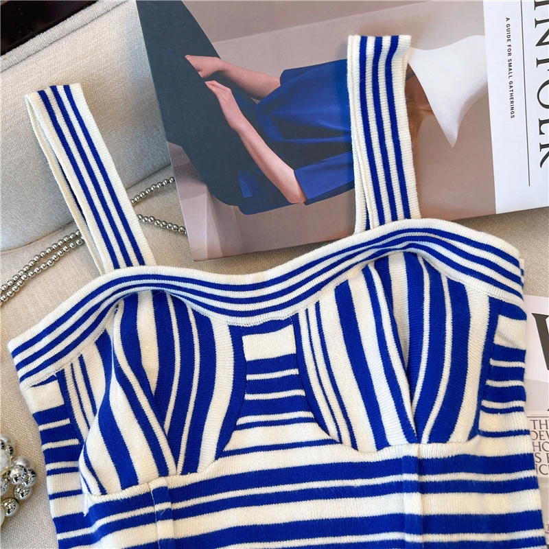 Striped Sleeveless Suspender Women\'s Knitted Vest Slim Korean Summer 2023 New Sexy Girl Sweetheart Top Casual Holiday Clothing