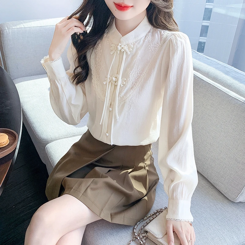 New Chinese Style Apricot Women Blouse Shirt Tops Blusas Mujer De Moda 2024 Long Sleeve Stand Collar Blouse Women Shirts H539