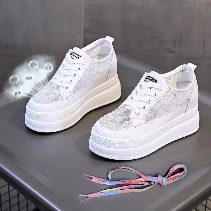 Summer Woman Platform Sneakers Wedge Shoes 2025 Female 8cm Height Increasing Ladies Lace Breathable Casual Shoes Canvas Shoes