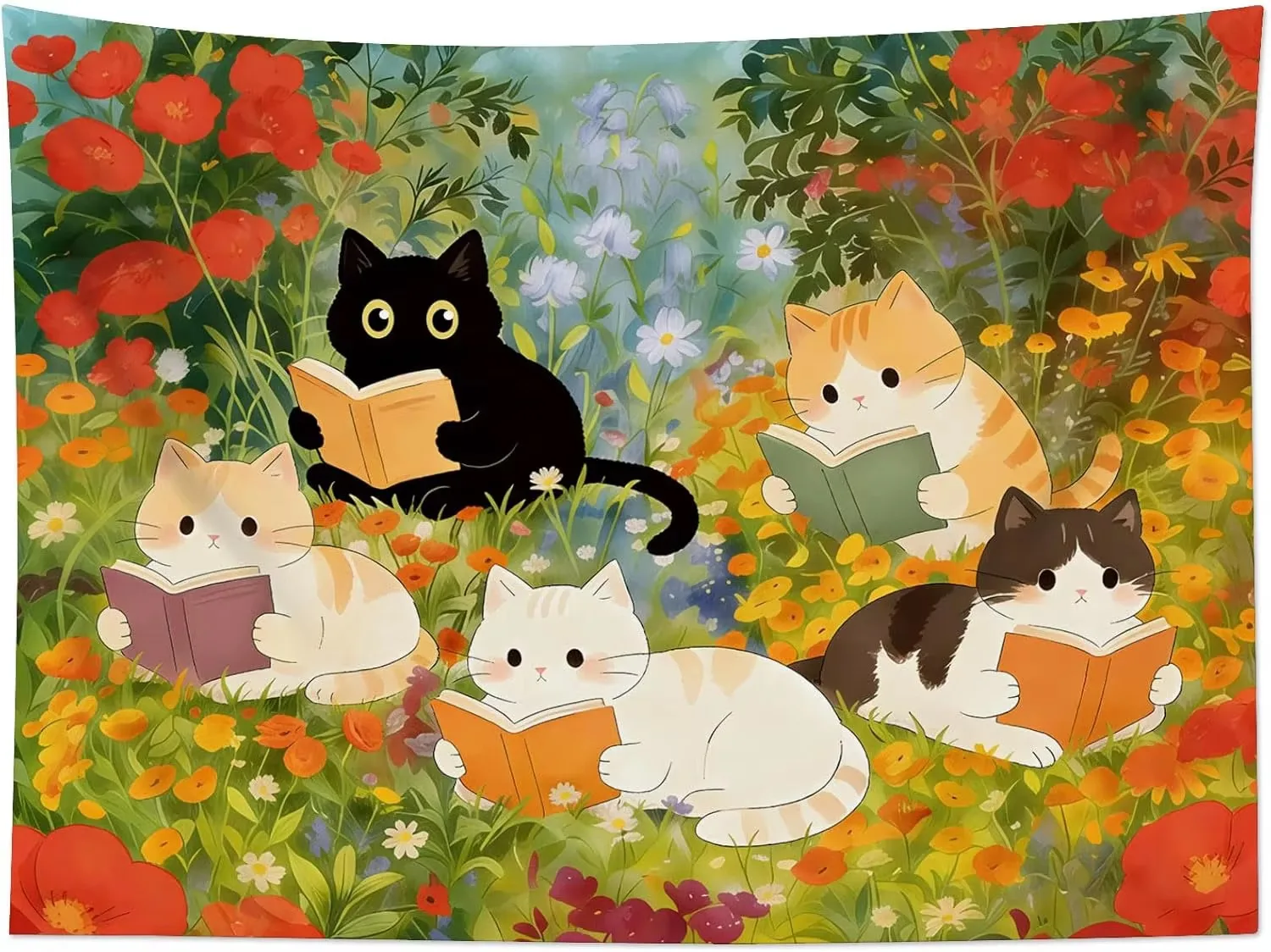 Cute Cats Reading Books Tapestry, Flower Garden Cartoon Kitten Wall Hanging for Bedroom Living Room Aesthetic Room Decor Gift