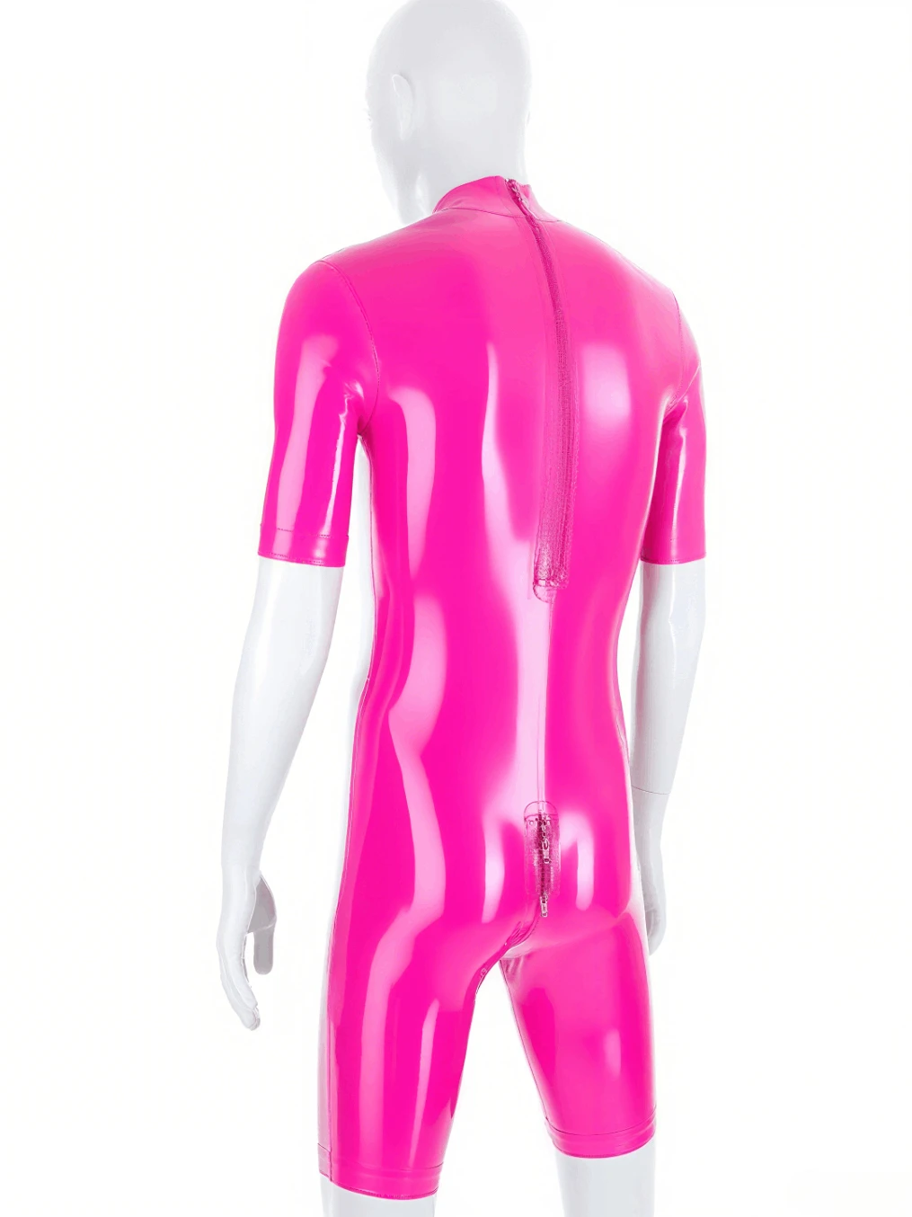 

customized rubber men's pink latex short sleeve bodysuit rubber full body suit with back zipper fashion clubwear