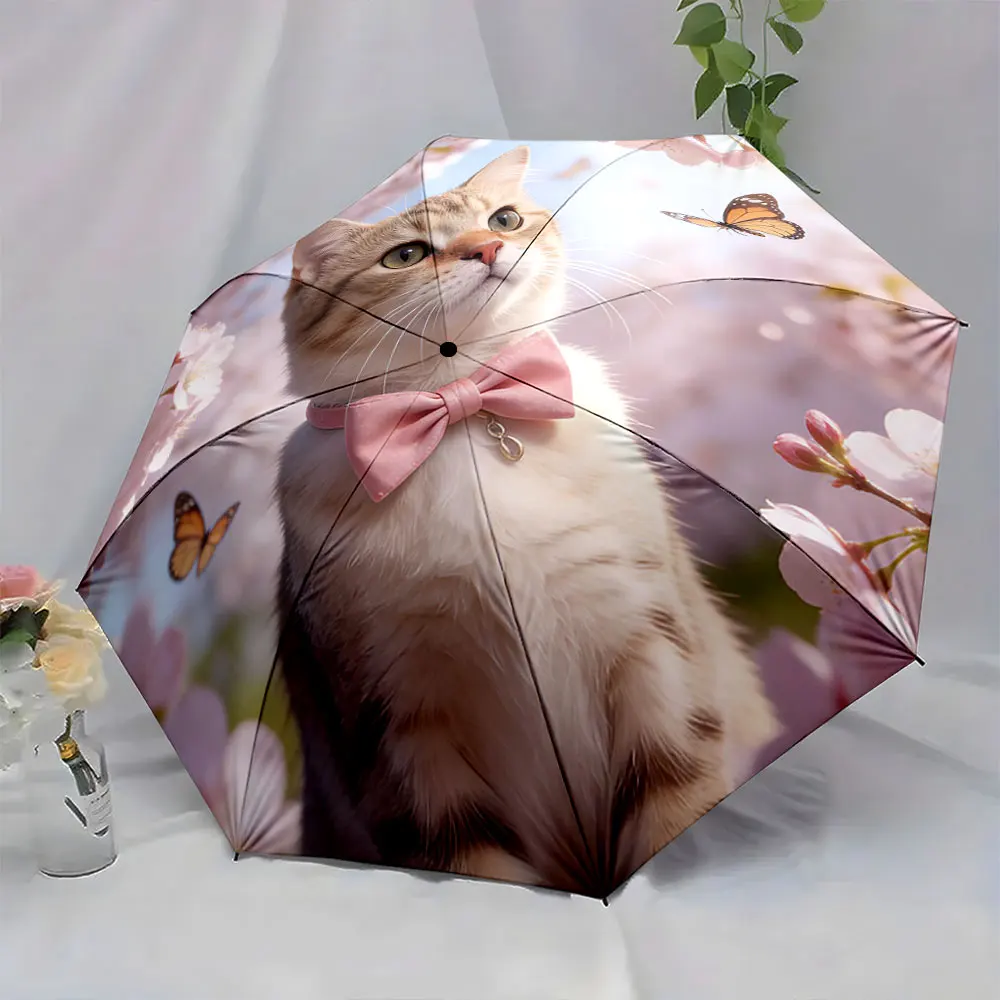 1PC Charming Cat with Butterfly and Blossoms Umbrella Design Print 8 Iron Ribs Folding Umbrella Auto-Open Fashion Sunshade
