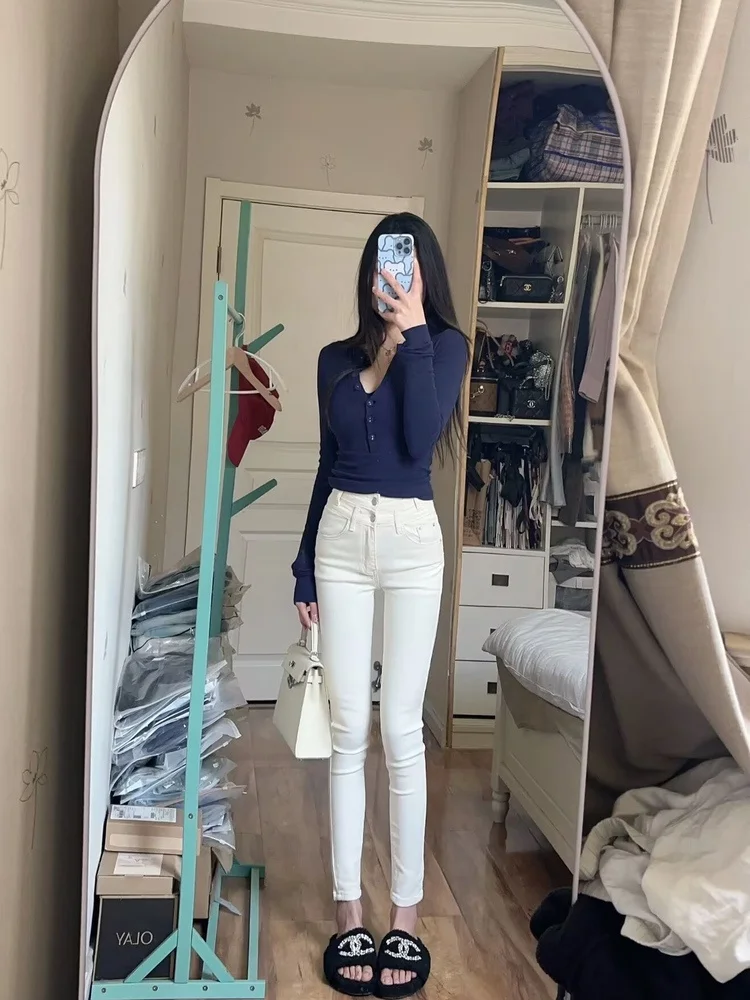 

Korean Sle High Waist Pencil Jeans Women's Autumn Winter New Slimming Butt Lifting Double Bule Cotton Stretch Denim