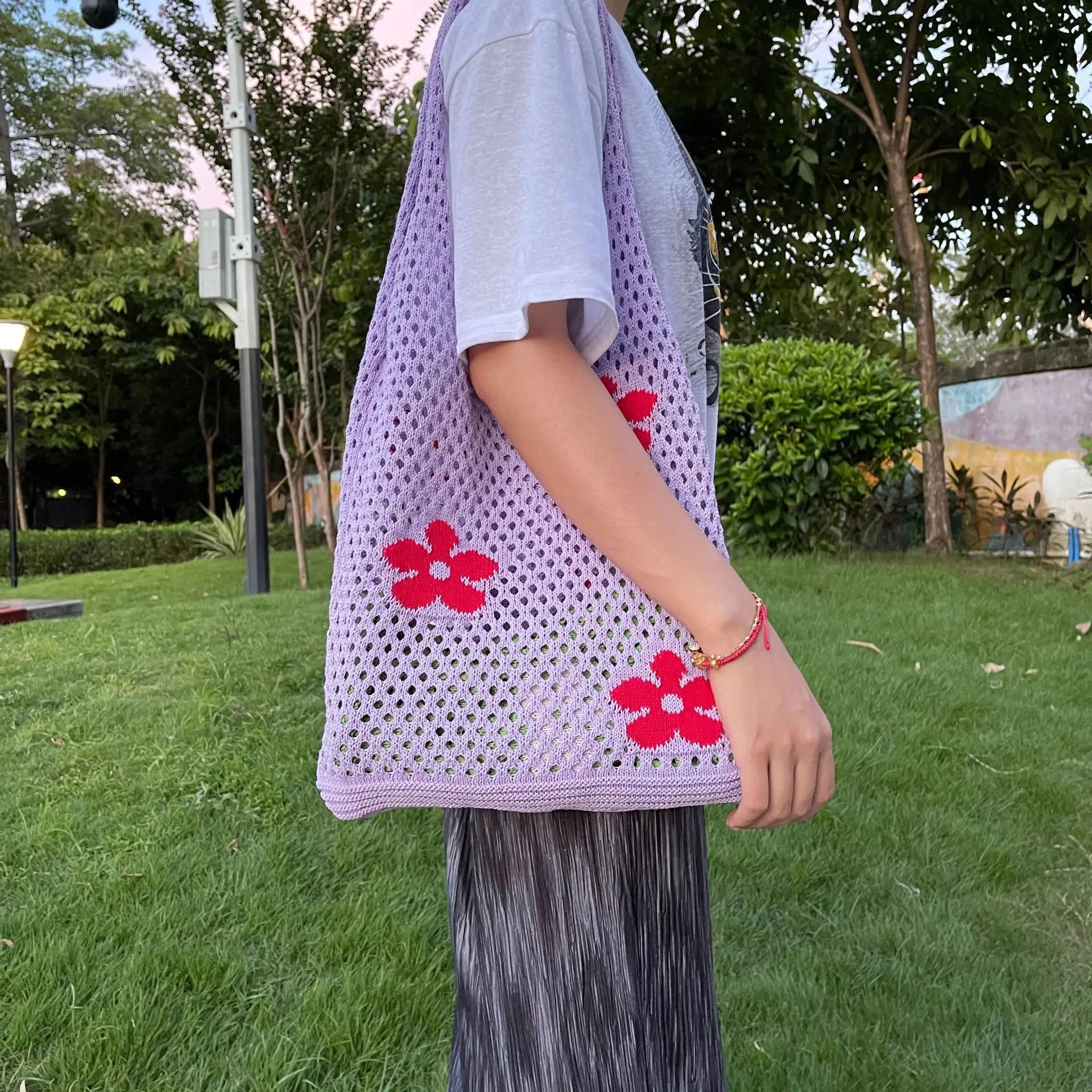 Saco De Crochê Colorido, Malha Coreana, Malha Artesanal, Reutilizável, Propósito Especial, Eco Bag, Estampas De Flores, Escavar, Tote De Compras, Y2K, Verão