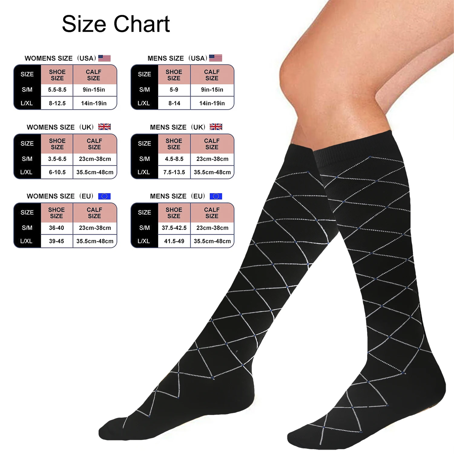 Calcetines deportivos hasta la rodilla para hombre y mujer, medias de compresión de nailon para enfermería, médicos, correr, serie negra, 15 a 20