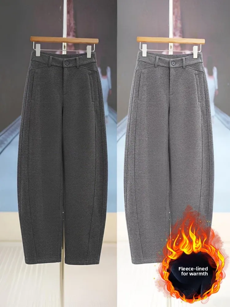 Calças Femininas de Lã com Corte Reto e Cintura Alta, Estilo Casual, Cor Pura, Versão Coreana