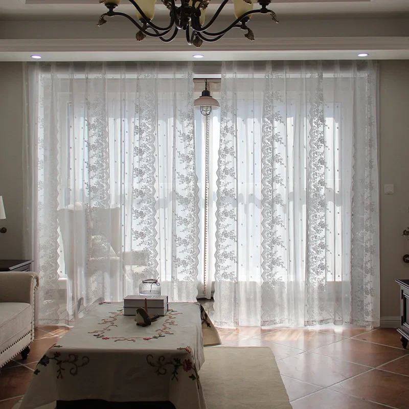 

Flowers Vertical Rows Warp Knitted Embroidered Window Screens White Gauze Curtains Living Room Bedroom Lace Korean