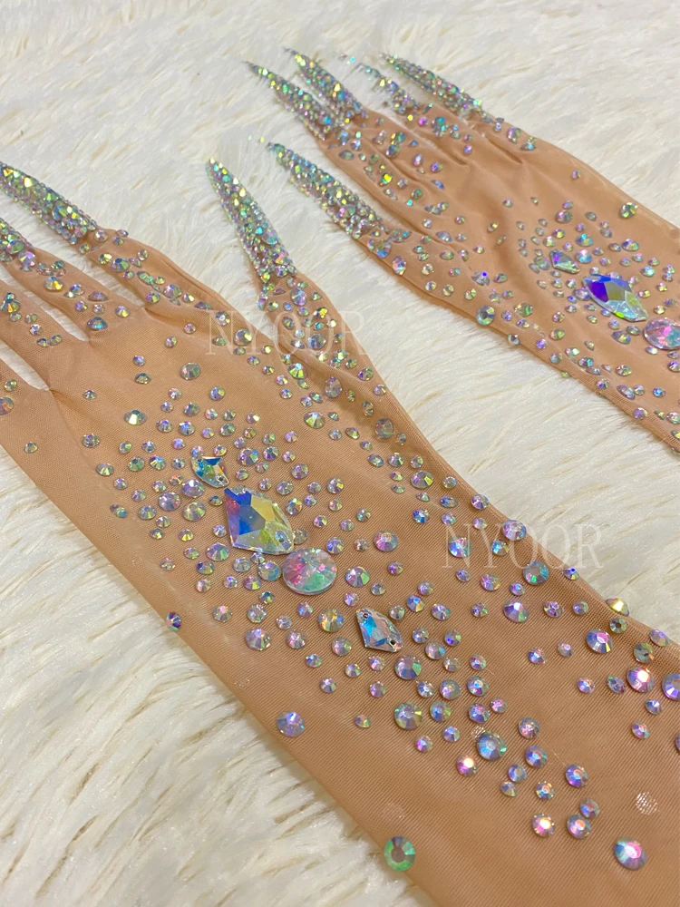 Shining Colored Rhinestones Transparent Mesh Sexy Long Gloves Dancer Singer Nightclub Dance Stage Photo Shoot Wear