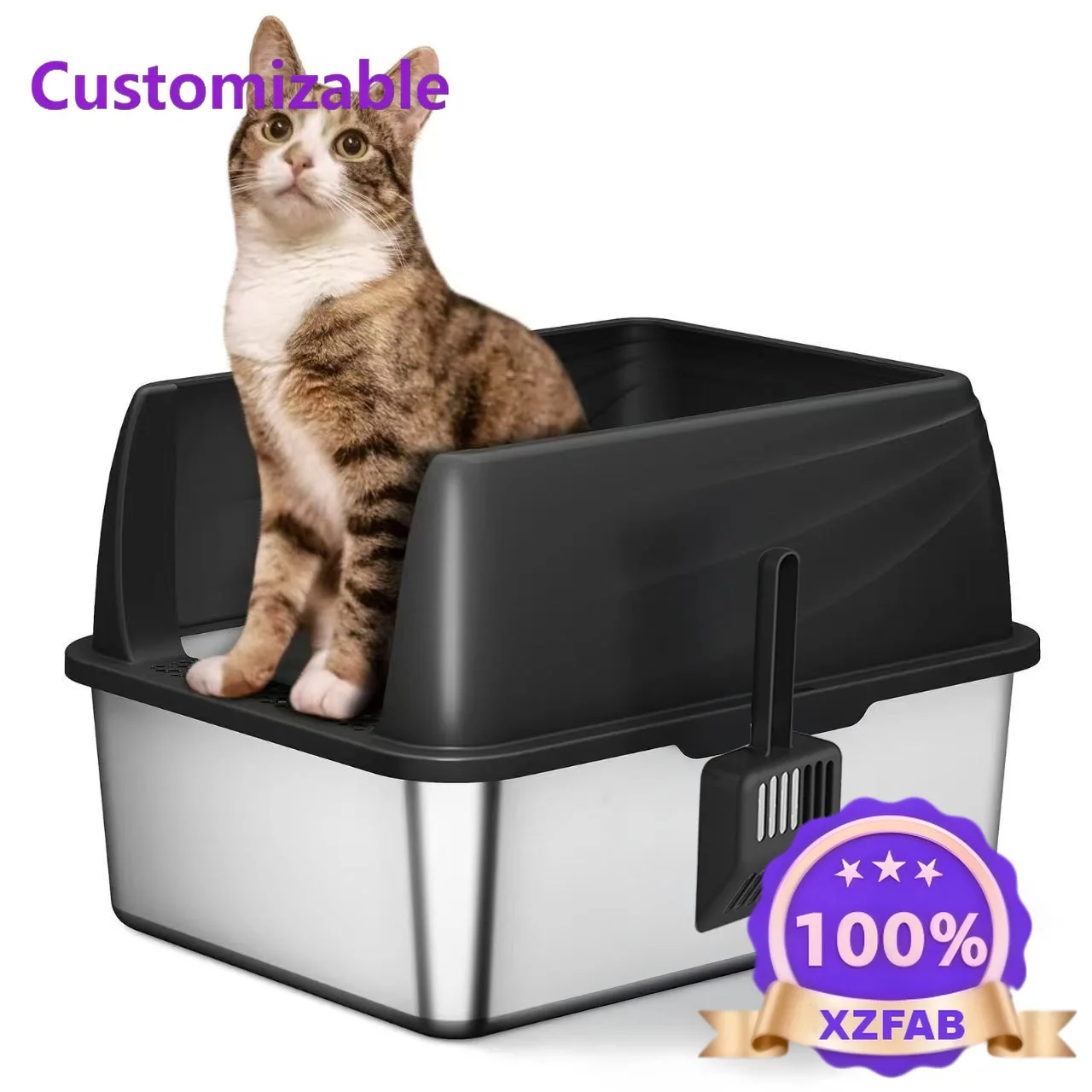 Factory Direct 2026 Semi-closed stainless steel cat litter basin anti-carry out large capacity, heightened and thickened, easy t