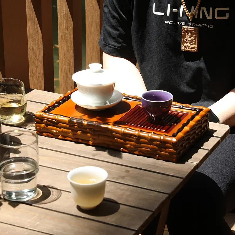 Bamboo Tea Tray with Water Storage Wet and Dry Brewing Table Kung Fu Tea Set Drainage Board Portable Tea Sea Pot Bearing