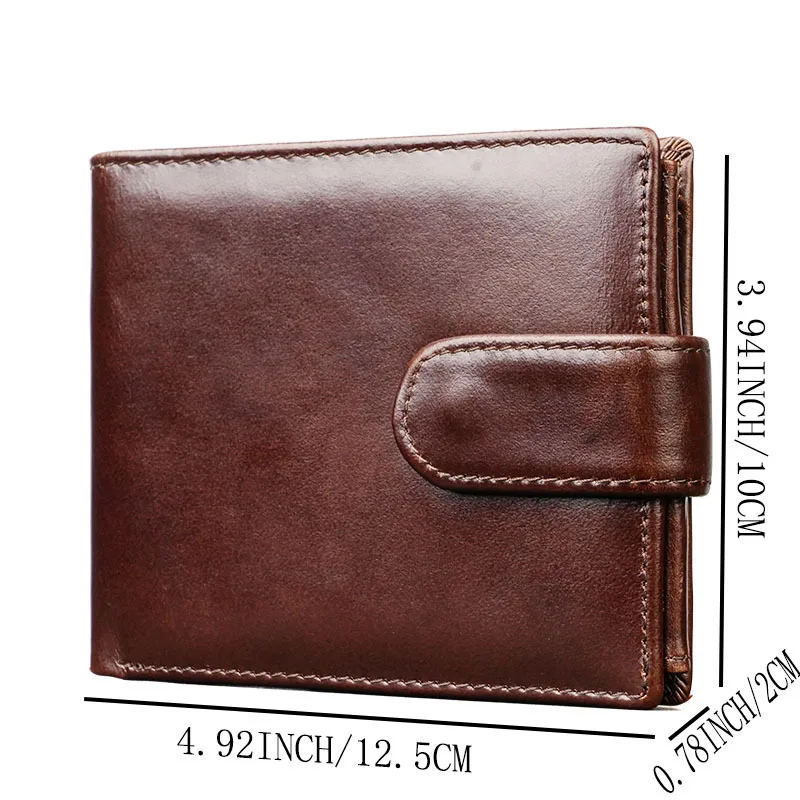 Real leather snapback men's wallet with multiple compartments, large capacity, three-fold design, and multi-functional features