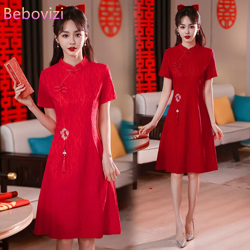 

2024 Chinese Traditional Style Red Cheongsam Retro Short Sleeve Bride Modern Improved Qipao Lace Dress New Year CNY