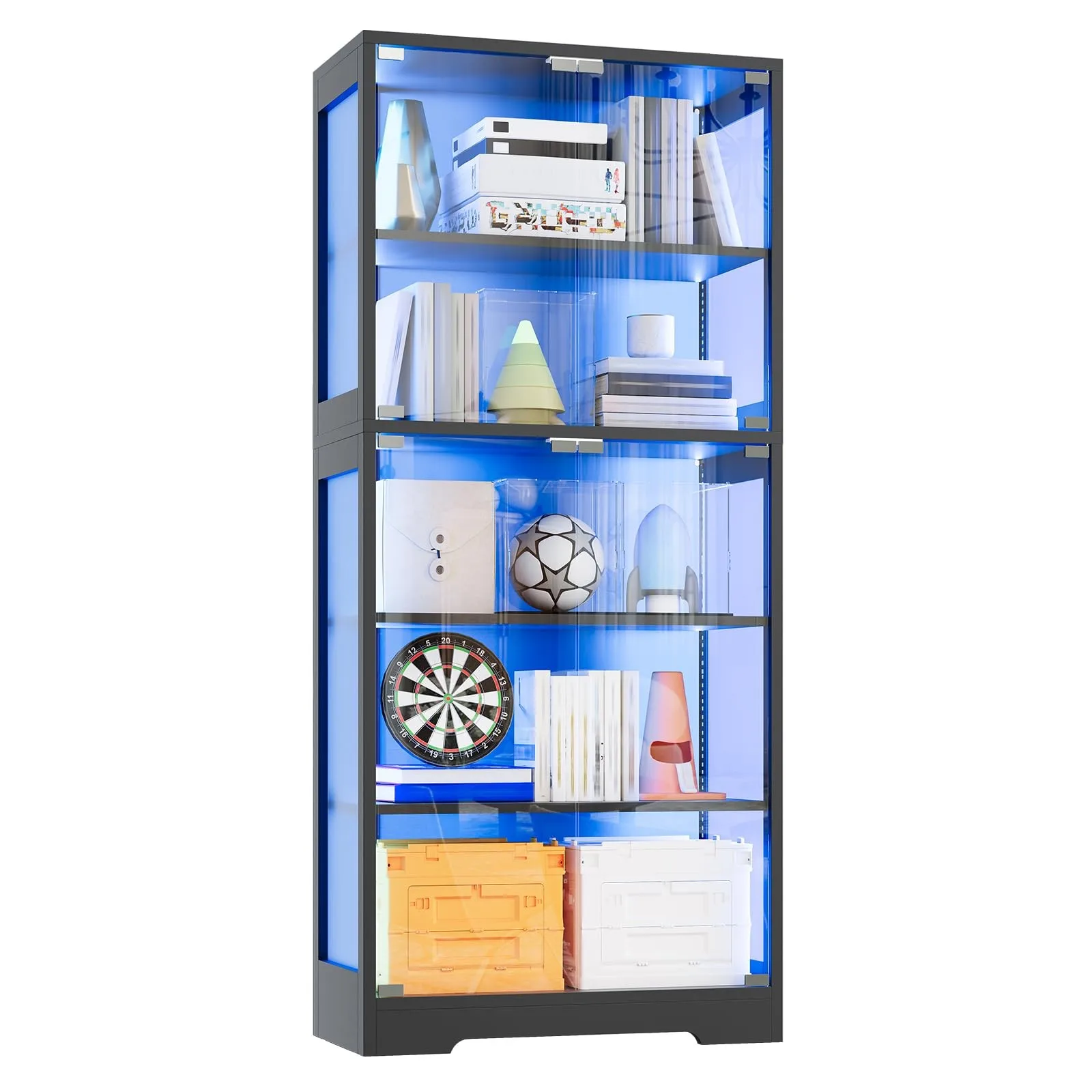 5 Layer Display Cabinet with Glass Doors, Modern Curio Cabinet with RGB Color Lights,Glass Display Cases for